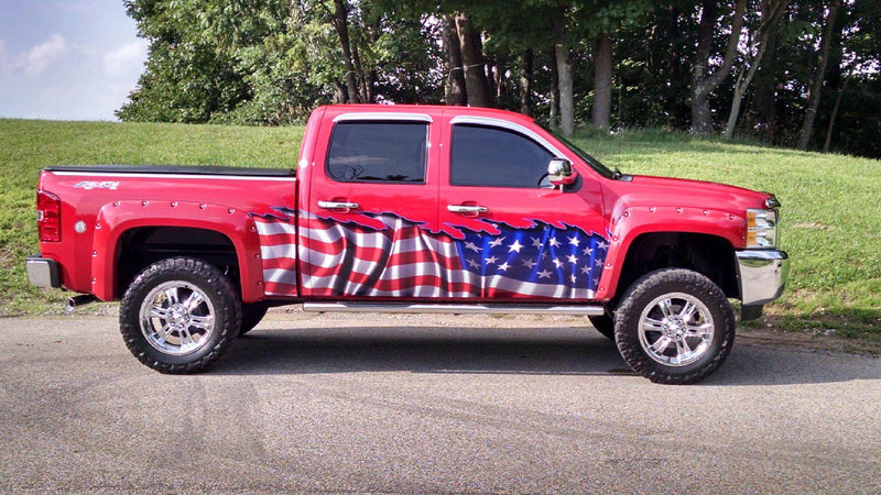 usa flag wrap on dully red truck